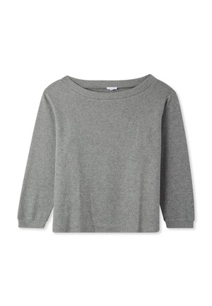 Maglione grigio con scollatura ampia, maniche lunghe e un tessuto morbido e testurizzato. Ha una vestibilità rilassata e una costruzione senza cuciture.