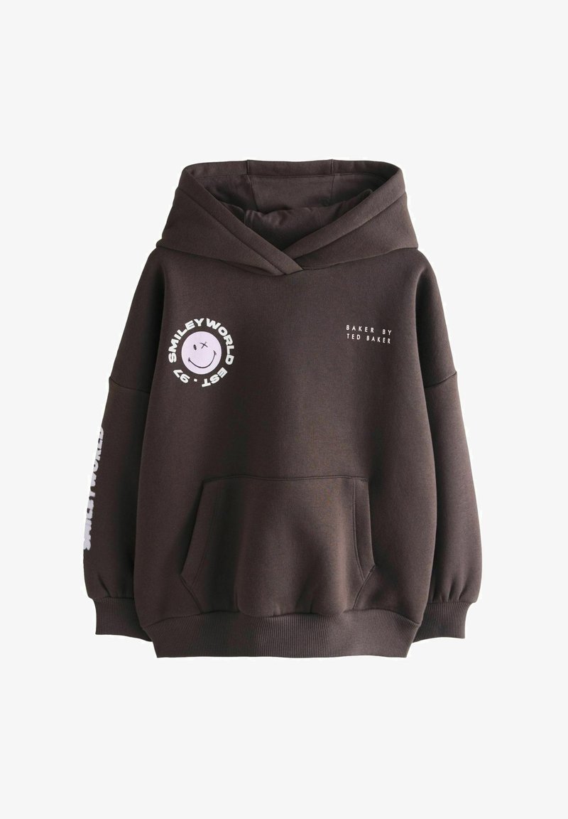 Dunkelbraune Kapuzenjacke mit Fronttasche, weißem Smiley-Logo mit gekreuzten Augen und Text "SMILEYWORLD EST. 97" auf der linken Brust sowie Markennamen auf der rechten Brust.