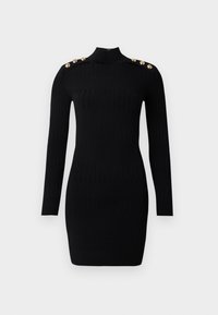 Abito a maglia nero a coste con maniche lunghe, colletto alto, vestibilità aderente e bottoni dorati sui dettagli delle spalle.