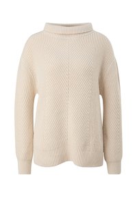 Cremefarbener gestrickter Pullover mit hohem Kragen, überschnittenen Schultern, gerippten Bündchen und diagonalen Texturmuster im gesamten Design.