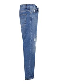 Jean en denim bleu clair avec une coupe droit. Présente des détails déchirés, des poches et une taille mi-haute. Design classique à cinq poches.