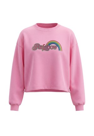 Pink langærmet sweatshirt med ribstrikkede manchetter og kant, med ordet "Rainbow" og en farverig regnbue grafik på brystet.