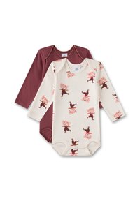 Zwei langärmlige Bodysuits: einen in Bordeaux und einen in Creme mit einem Bärenmuster. Beide haben Druckknopfverschlüsse am Boden und sind aus weichem Baumwollstoff.