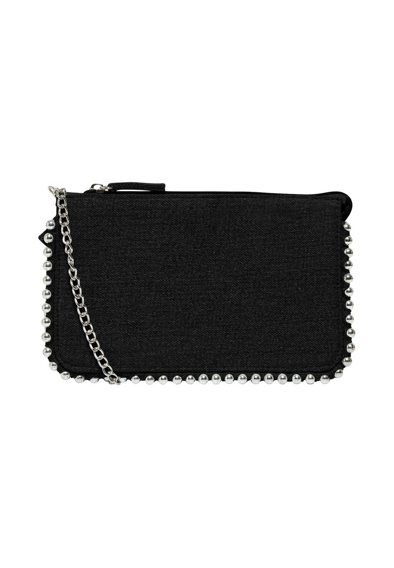 Sort stof clutch med lynlåslukning, prydet med sølvperler langs kanterne og en aftagelig sølvkædestrop.