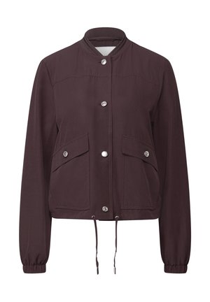 Maroon bomber jacket with a ribbed collar, snap buttons, two front pockets, adjustable drawstring at the hem, and elastic cuffs.