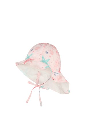 Rosa Baby-Sonnenhut mit Meerestiermotiven, darunter Seesterne und Muscheln, mit Kinnriemen und breiter Krempe.
