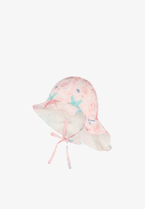Pink baby sun hat with sea-themed prints, including starfish and shells, featuring chin straps and a wide brim.