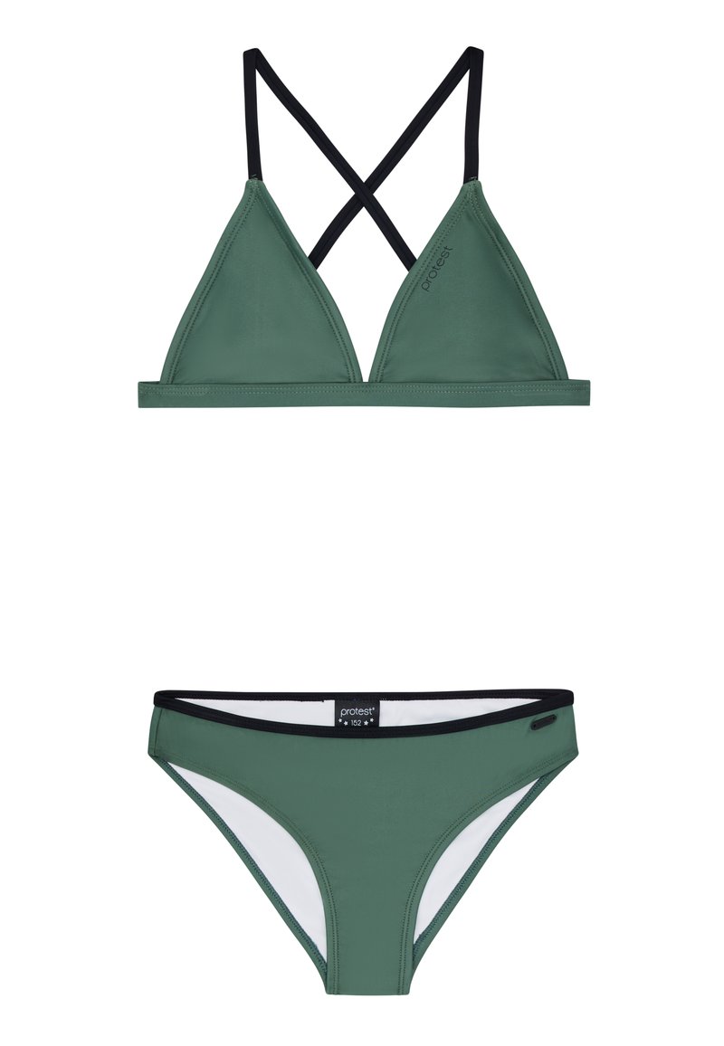 Zielony zestaw bikini z trójkątnym stanikiem z krzyżującymi się czarnymi ramiączkami oraz dopasowanymi majtkami z czarnymi akcentami i białą podszewką.