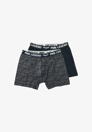 Deux paires de boxers pour hommes : l'une à motifs de feuilles en gris et bleu foncé, et l'autre unie bleu foncé. Les deux présentent une ceinture noire, marquée "PME LEGEND."