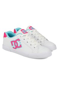 White sneakers with pink and turquoise accents, featuring a prominent logo, round toe, and textured rubber sole. Lace-up design.