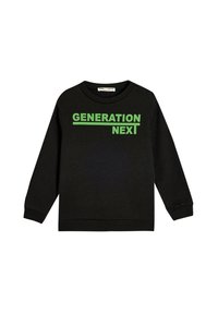 Svart sweatshirt med långa ärmar. Har grön text "GENERATION NEXT" över bröstet. Tillverkad av ett mjukt material med ribbade ärmslut.