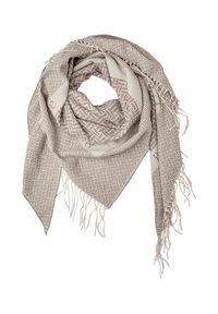 Beige trekantet tørklæde med geometrisk mønster, frynset kanter, blød tekstur og et foldet design, der fremhæver de vævede detaljer.