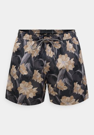 Schwarze Badeshorts mit einem floralen Beigemuster, ausgestattet mit einem elastischen Bund, verstellbarem Kordelzug und einer glatten Textur.