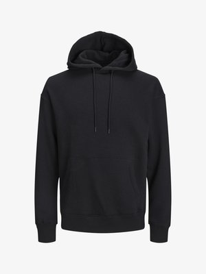 Sort hættejakke lavet af blødt stof med en lomme foran, snoretræk i hætten og ribbede manchetter og kant. Enkel design uden synlige mønstre.