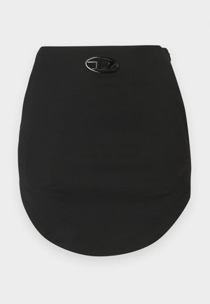 Black skater skirt with a smooth texture, featuring a rounded hem and a prominent black logo accent at the waist. No visible fastenings.