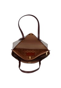 Ruskea nahkainen käsilaukku, jossa on pyöreä pohja, kaksi kahvaa ja kultaiset yksityiskohdat. Sisällä on kuvioitu vuori ja vetoketjullinen tasku.