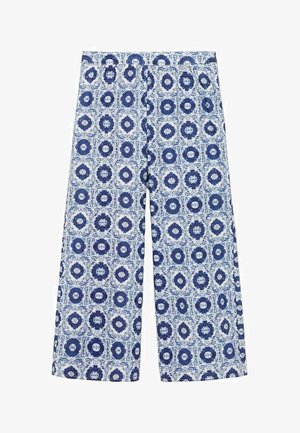 Pantaloni a gamba larga realizzati in tessuto leggero, con un motivo floreale blu e bianco arricchito da accenti geometrici.