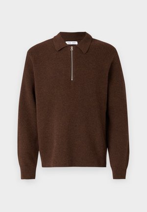 Brown ribbed pullover sweater with a narrow zipper at the collar. Long sleeves and a textured knit fabric.
