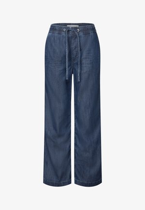Denim-Hosen im weiten Schnitt, dunkelblau, elastischer Bund mit Kordelzug, subtile Textur, lockere Passform, gerader Beinabschluss, keine sichtbaren Verzierungen.