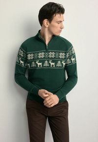 Zielony sweter dziany z kołnierzem na zamek. Na wysokości klatki piersiowej wzór jasnych reniferów i drzew. Ściągacze przy mankietach i u dołu.