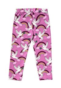 Leggings in tessuto viola brillante con un motivo ripetitivo di colombe bianche, arcobaleni e nuvole, dotati di una morbida vita elasticizzata.