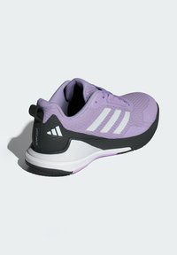Purple athletic shoe with a textured upper, white three-stripe logo, black accents, and flexible sole. Soft padding around the collar.