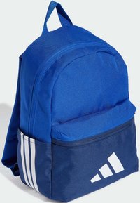 Modrá batoh vyrobený z odolnej tkaniny, s hlavným oddelením, prednou kapsou a bielymi pruhmi s logom v dolnej časti.