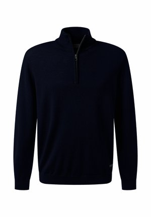 Pull en jersey bleu marine à manches longues avec un col zippé mi-long et des poignets et un ourlet côtelés.