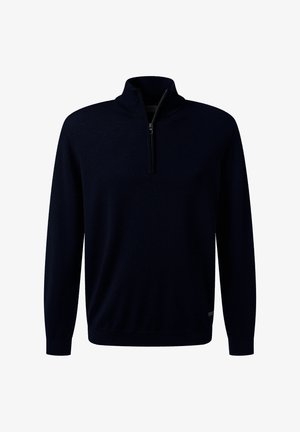 Marineblauwe lange mouwen trui met een ritssluiting tot de helft en geribbelde manchetten en zoom.