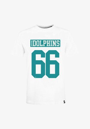 T-shirt in cotone bianco con testo turchese. Riporta "MIAMI DOLPHINS" sopra il numero "66." Include un piccolo logo del brand sull'orlo.