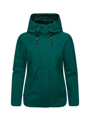 Veste imperméable turquoise avec capuche, fermeture éclair frontale, cordon de serrage et deux poches latérales. Texture lisse et design minimaliste.