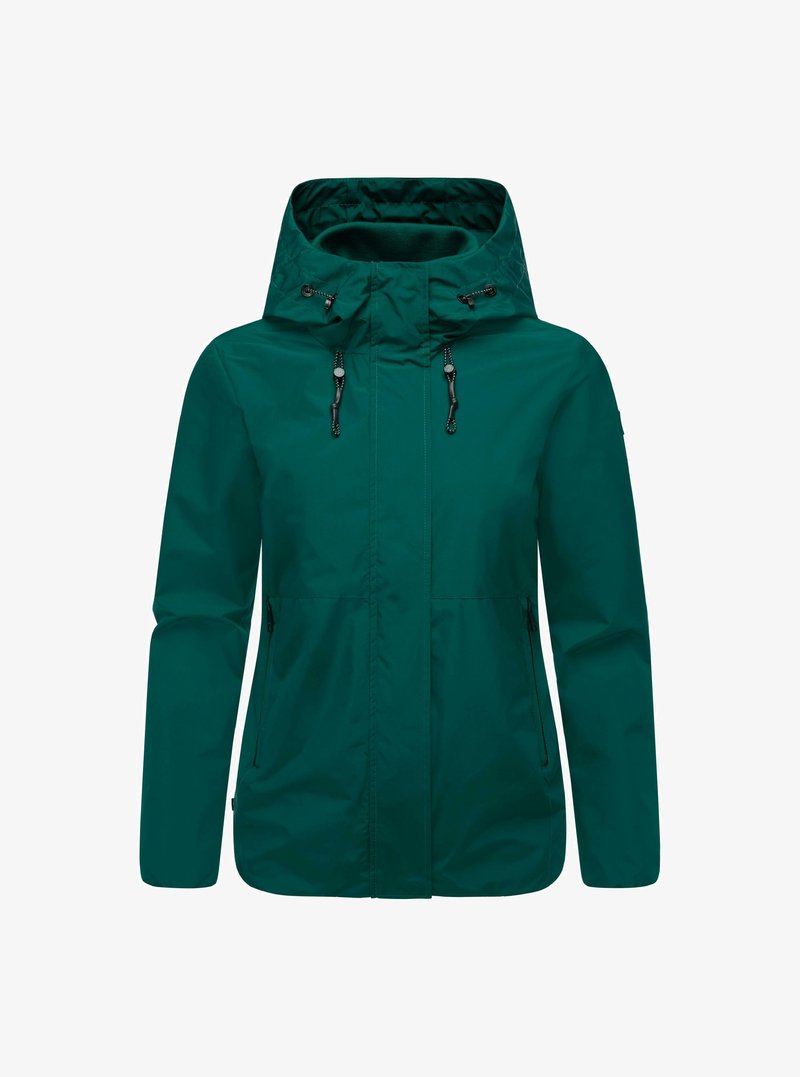 Zielona wodoodporna kurtka z kapturem, przednim zamkiem błyskawicznym, sznurkiem ściągającym oraz dwiema bocznymi kieszeniami. Gładka struktura i minimalistyczny design.