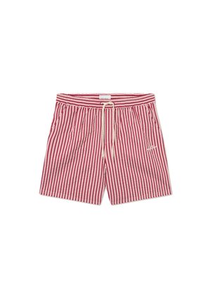 Rood-witte gestreepte zwembroek met een elastische tailleband, koordje, zijzakken en een klein logo detail op de voorkant.