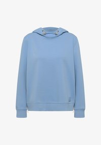 Sudadera ligera de manga larga color azul claro con cordones y pequeñas cremalleras en el dobladillo de cada lado, con un sutil parche de logo cuadrado.