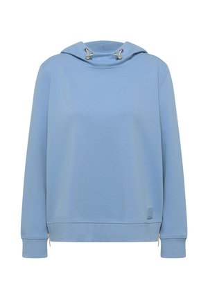 Jasnoniebieska bluza z kapturem na długim rękawie, z troczkami i małymi zamkami u dołu po obu stronach, z subtelną naszywką z logo w kształcie kwadratu.