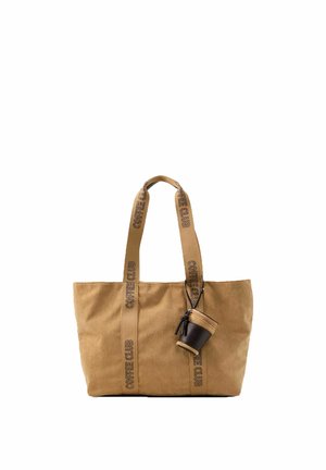 Tan corduroy tote bag with wide handles featuring black text and attached small cylindrical pouch with black and tan accents.