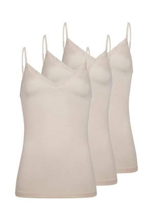 Sæt med tre beige camisoler med V-udskæringer og blonderkant samt tynde skulderstropper, lagt side om side på en hvid baggrund.