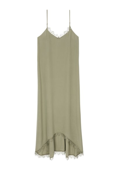 Robe sans manches vert olive en tissu léger, avec un décolleté en V et une bordure en dentelle le long de l'ourlet. Design à ourlet inégal.