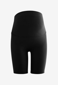 Shorts de vélo taille haute noirs en tissu extensible. Caractéristiques : texture lisse, longueur mi-cuisse et coutures minimales.