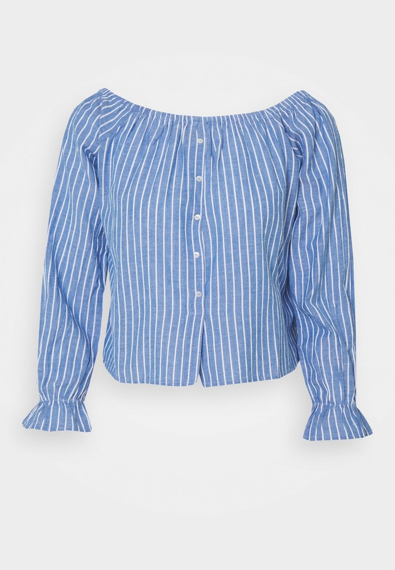 Blusa off-shoulder a righe blu e bianche, con lunghe maniche a palloncino e polsini arricciati, dotata di apertura frontale con bottoni. Realizzata in tessuto leggero.