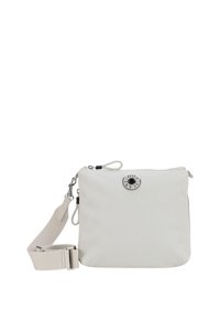Borsa a tracolla bianca in nylon con texture liscia, metalleria argentata, chiusura con zip e tracolla regolabile. Presenta un logo circolare sul davanti.