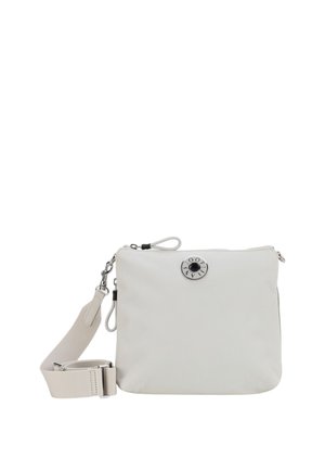 Borsa a tracolla bianca in nylon con texture liscia, metalleria argentata, chiusura con zip e tracolla regolabile. Presenta un logo circolare sul davanti.
