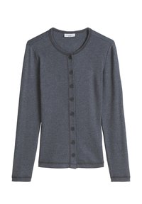 Ciemnoszary prążkowany kardigan z długimi rękawami, okrągłym dekoltem i zapięciem na guziki z przodu. Charakteryzuje się teksturowaną tkaniną i prostym krojem.