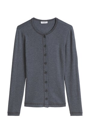 Ciemnoszary prążkowany kardigan z długimi rękawami, okrągłym dekoltem i zapięciem na guziki z przodu. Charakteryzuje się teksturowaną tkaniną i prostym krojem.