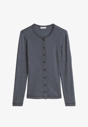 Ciemnoszary prążkowany kardigan z długimi rękawami, okrągłym dekoltem i zapięciem na guziki z przodu. Charakteryzuje się teksturowaną tkaniną i prostym krojem.