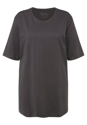 Tmavošedé tričko s krátkymi rukávmi vyrobené z mäkkej textílie s okrúhlym výstrihom. Priamy strih s voľným fitom. Žiadne výrazné vzory ani akcenty.