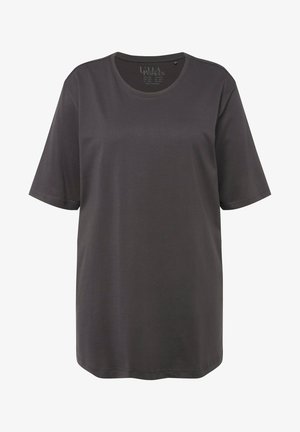 Tmavošedé tričko s krátkymi rukávmi vyrobené z mäkkej textílie s okrúhlym výstrihom. Priamy strih s voľným fitom. Žiadne výrazné vzory ani akcenty.