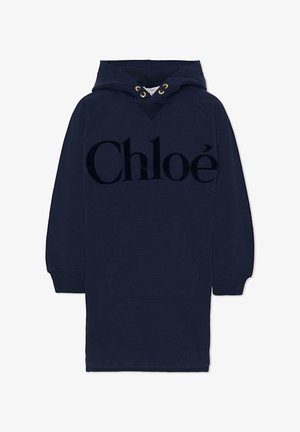 Robe sweat à capuche bleu marine avec le logo "Chloé" en matière moelleuse, dotée d'une poche frontale et de poignets côtelés.