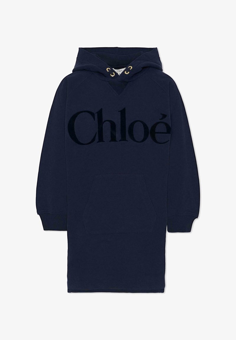 Granatowa sukienka z kapturem z logo "Chloé" wykonana z miękkiego materiału, z kieszenią z przodu i prążkowanymi mankietami.