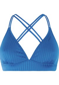 Niebieski prążkowany biustonosz typu bralette z trójkątnymi miseczkami i cienkimi podwójnymi ramiączkami krzyżującymi się z tyłu, elastyczna opaska pod biustem.